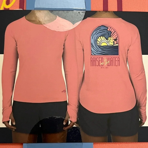 Reel Life Long Sleeve‎ Graphic Performance Top Womens Large Salmon Rose NWT - Picture 1 of 8